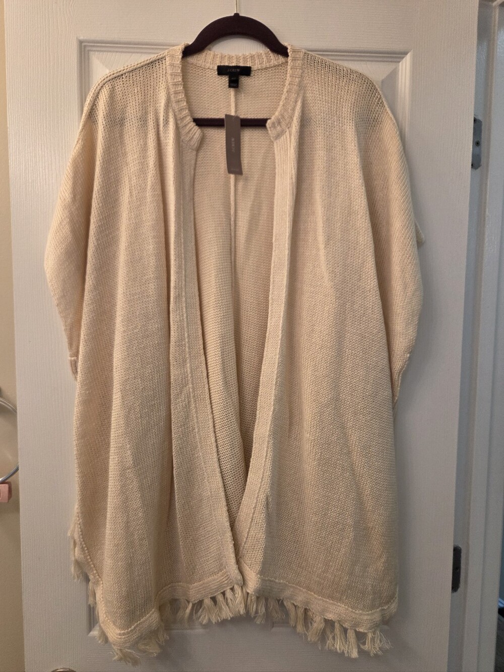 J. Crew Haven Linen Cream Beach Sweater Fringe Poncho Cardigan NWT S/M - Picture 2 of 8